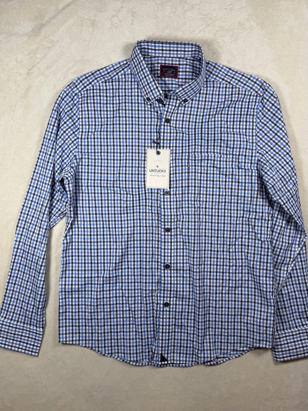 NWT UNTUCKit Large Slim Fit Men's Blue and White Checked Button-Down Shirt